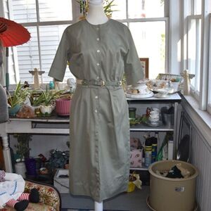 Vintage 1960s Country Miss Olive Green Belted Shirt Dress Size Medium Mod